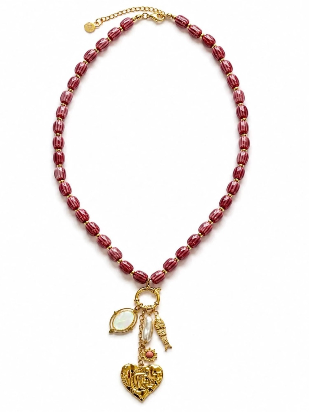New mayamar Gold Charm Heart and genuine pearl Necklace with Burgundy Beads - Picture 3 of 4